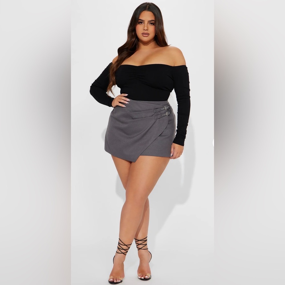 Fashion Nova Grey Wrap-Front Mini Skirt with Buckle Detail